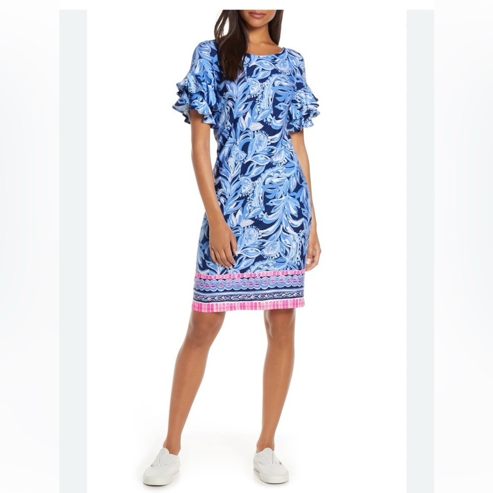 Lilly Pulitzer Diana Dress Ruffled Sleeves Colorful Coastal High Tide Small EUC